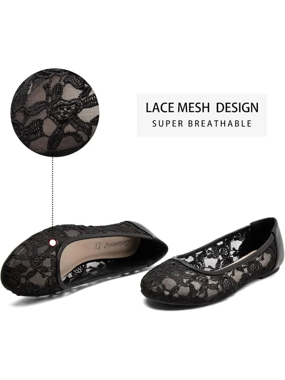 Women's Black Lace Ballerina Flats Round Toe Slip on Floral Casual Dressy Shoes